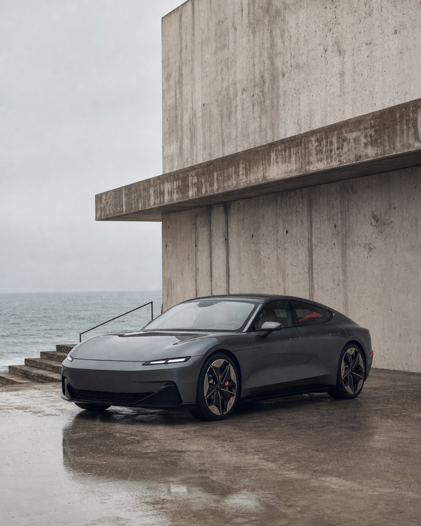 Automotive campaign art direction beside modern coastal architecture
