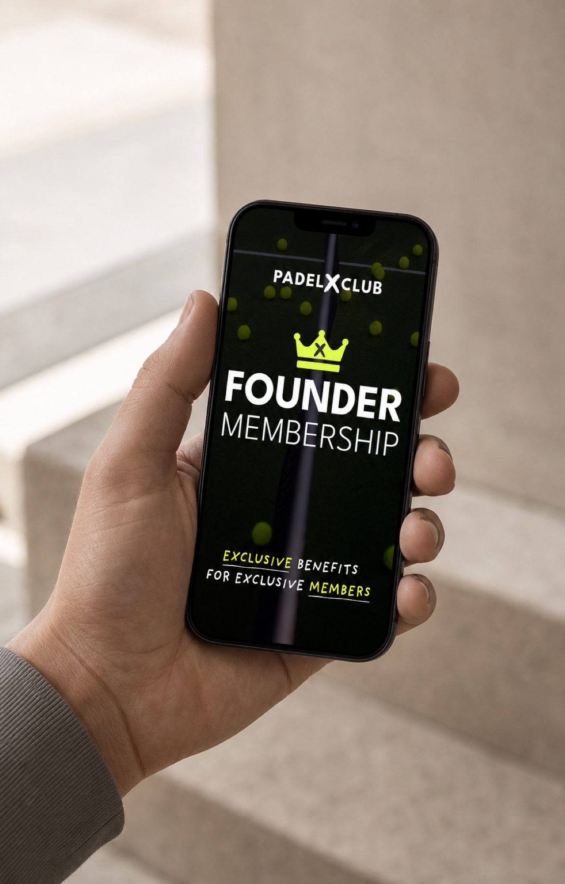 Padel X Club founder membership campaign displayed on a handheld iPhone